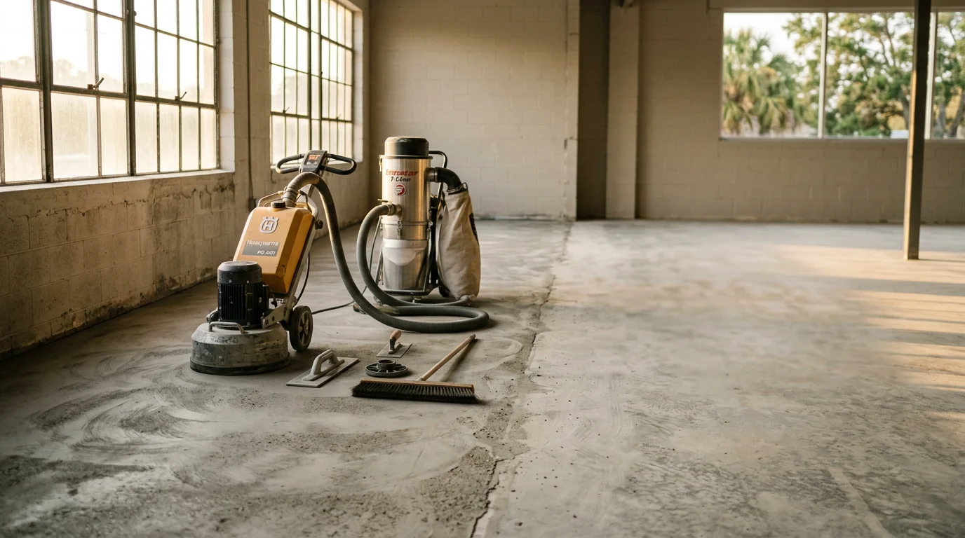 Concrete surface preparation and grinding in progress at a commercial warehouse