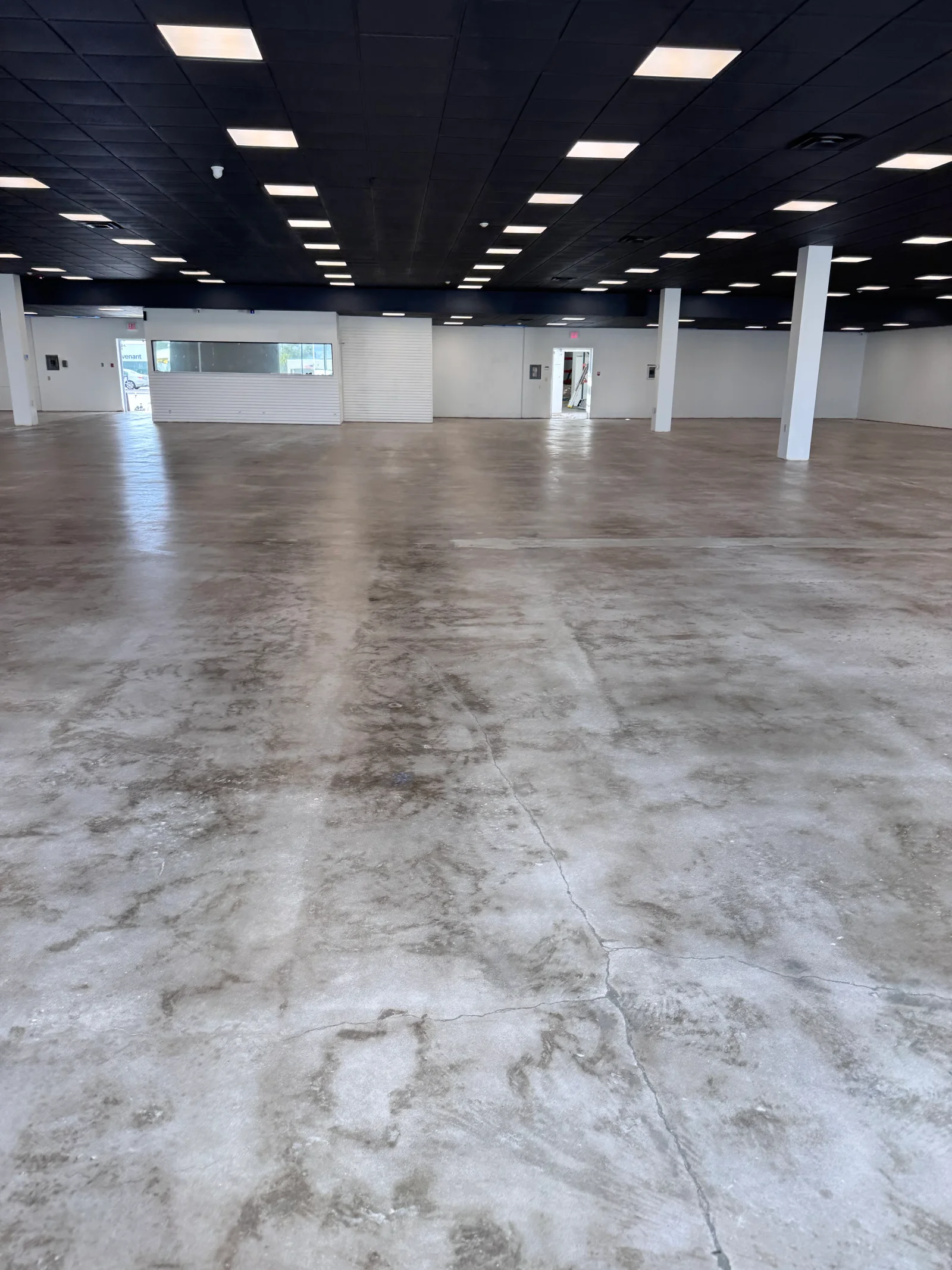 Prepared concrete floor in commercial space with seams visible, LED ceiling lighting, white columns