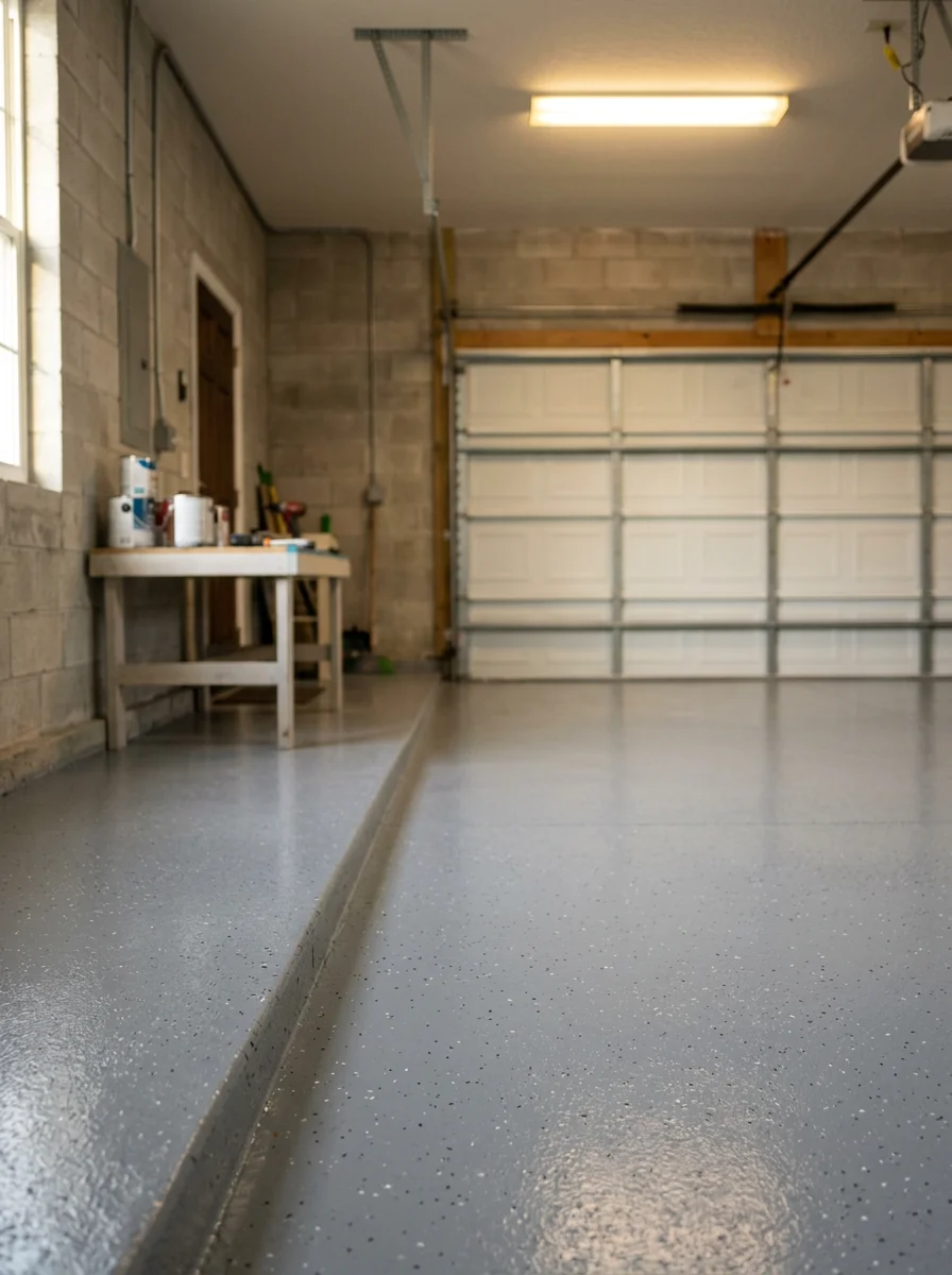 Epoxy floor coating applied to a garage in a MiraBay community home in Apollo Beach, FL, showing a sealed gray surface with no moisture staining or concrete dusting.