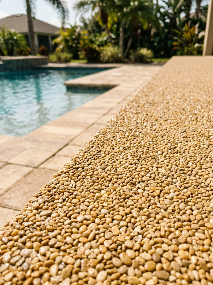Close-up of SurfStone resin bound stone pool deck surface around a residential pool in Lakeland, FL, showing the textured permeable finish in a warm tan color.