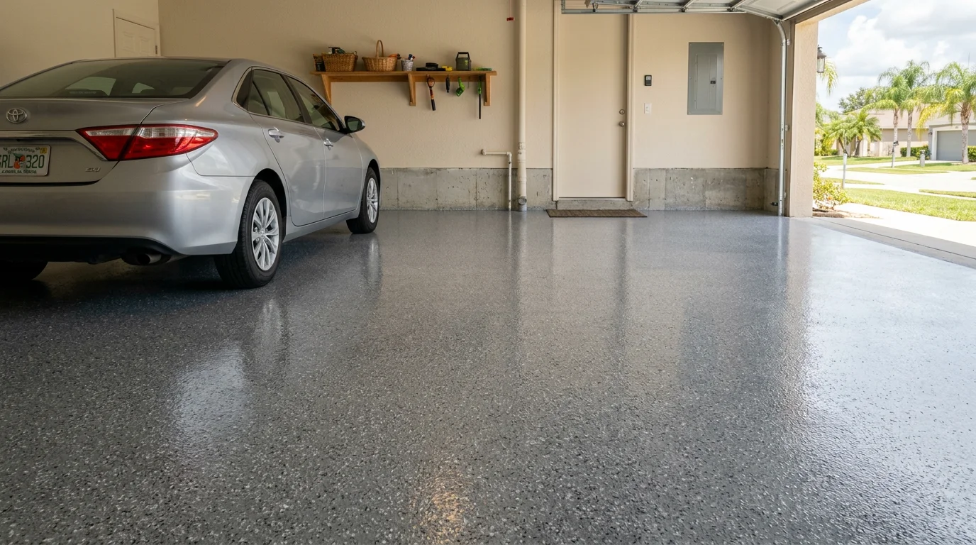 Freshly coated epoxy garage floor inside a Lakeland, FL home, showing a smooth gray flake finish with a parked vehicle on the left side.