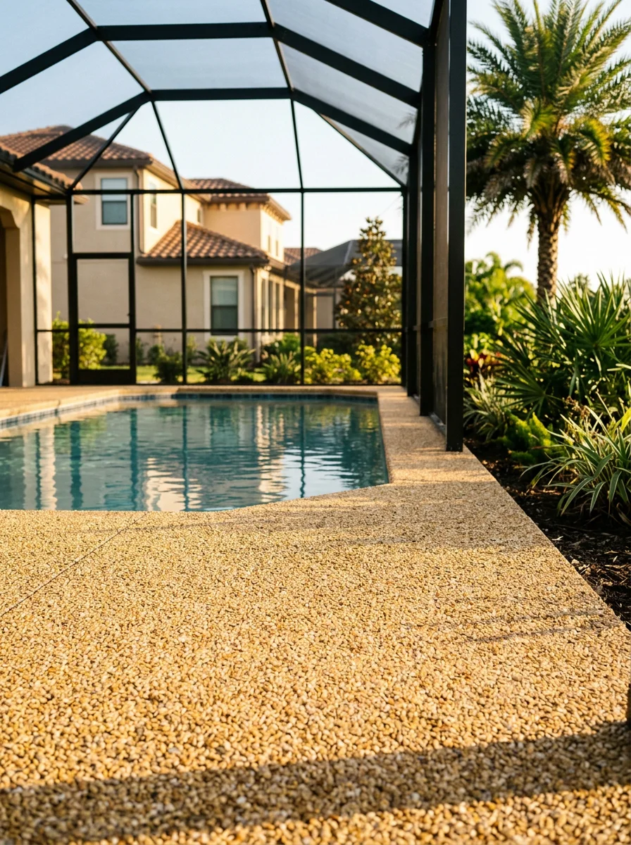 SurfStone resin bound stone pool deck installed around a screened pool enclosure in a FishHawk Ranch home in Lithia, FL, showing the permeable natural stone surface in a warm tan finish.