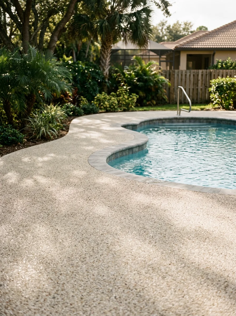SurfStone resin bound stone pool deck surface installed around a pool in a Parrish, FL community, showing the natural stone texture and permeable finish in a light beige tone.