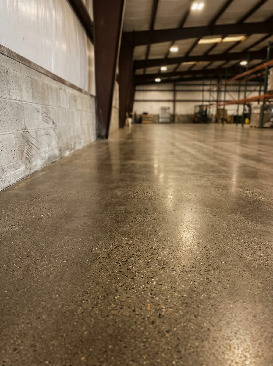 Grind and seal concrete floor finish inside a Plant City, FL agricultural warehouse, showing a hardened, dust-free surface under overhead industrial lighting.