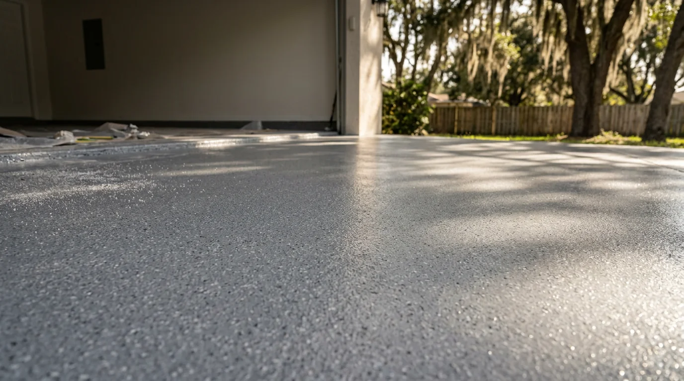 Epoxy floor coating applied to an older garage slab in a Plant City, FL residential neighborhood, showing a smooth sealed surface with a gray flake finish after surface grinding and prep.