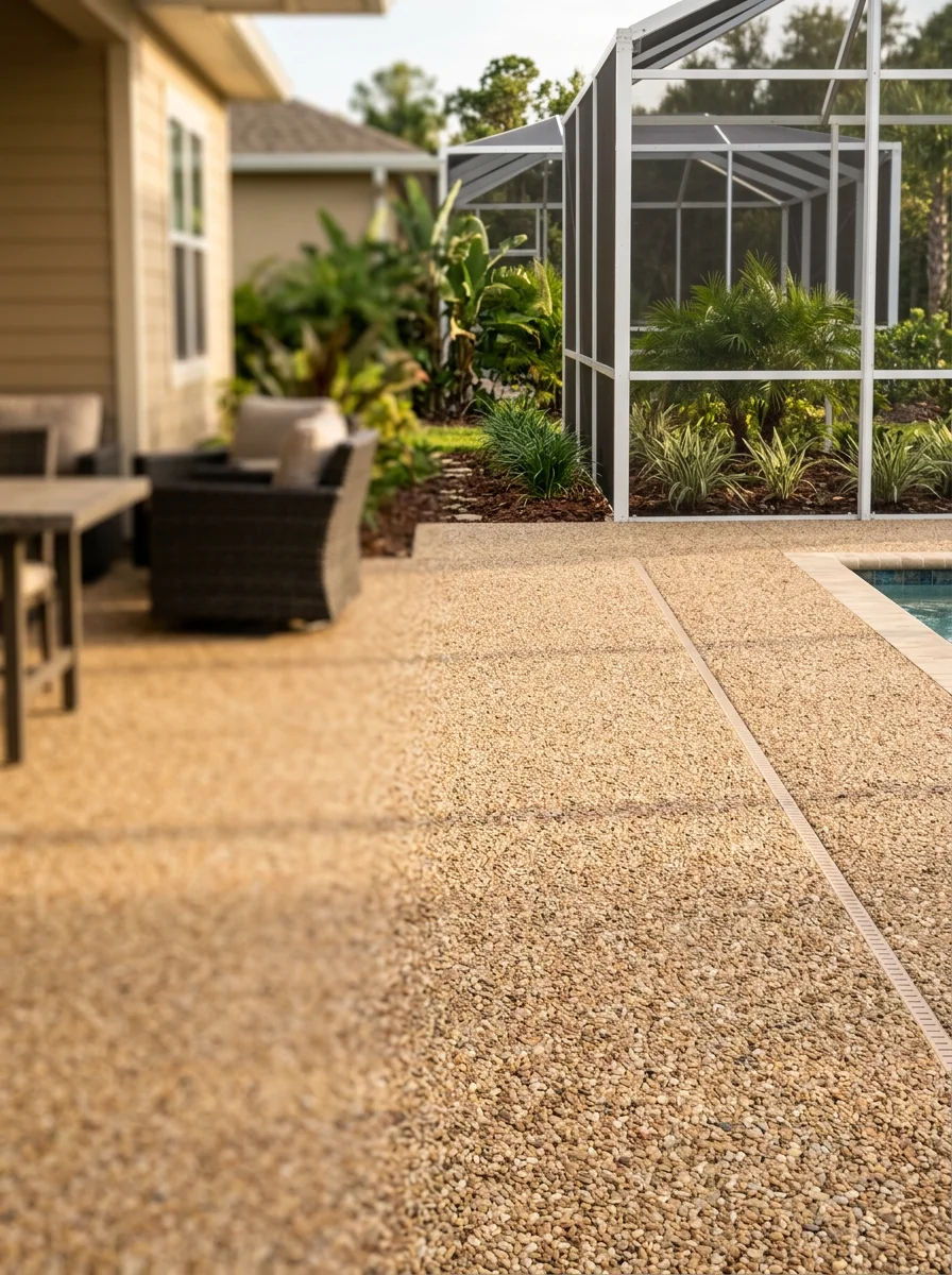 SurfStone resin bound stone pool deck surface around a screened pool enclosure in a Riverview, FL master-planned community, showing the textured permeable finish with no standing water.