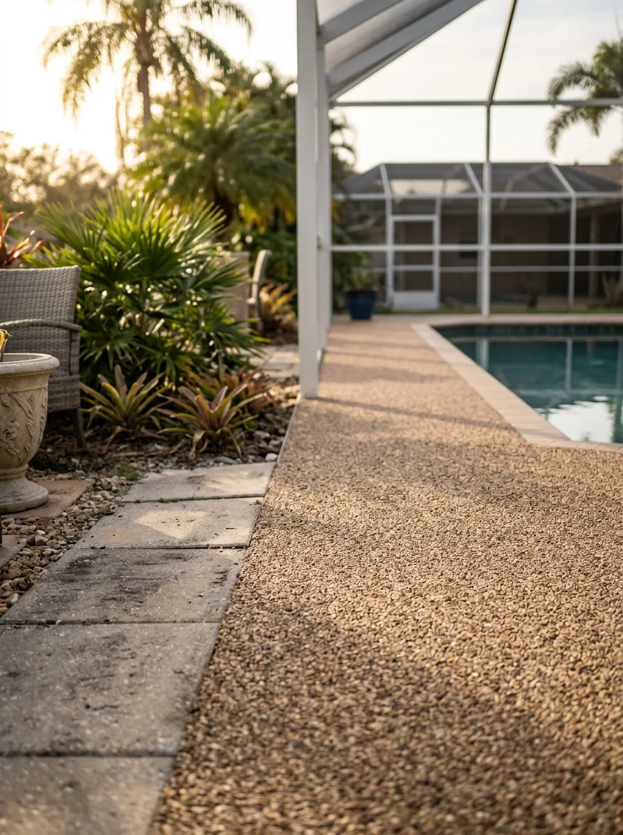 SurfStone resin bound stone pool deck installed around a screened pool enclosure in Tampa, FL, showing the natural stone texture and permeable surface finish.