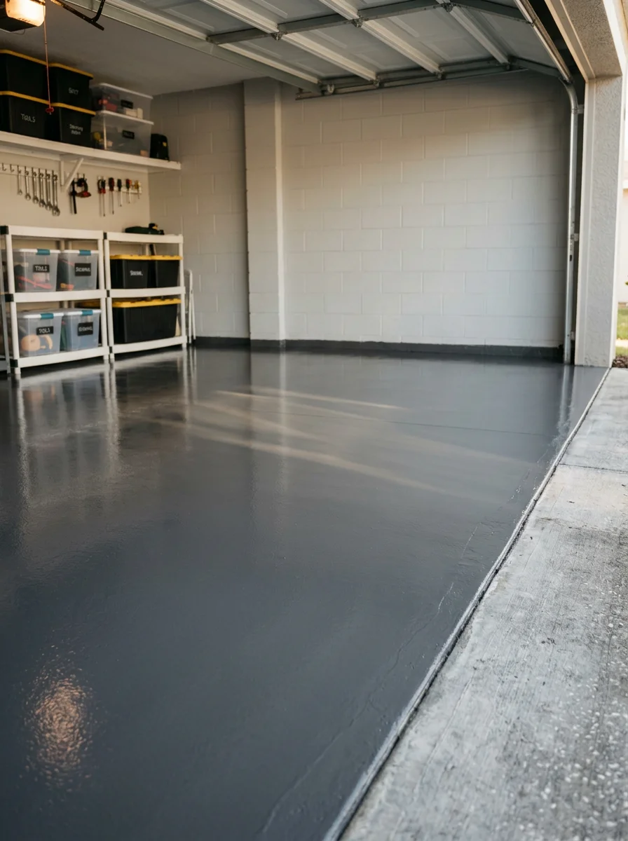 Epoxy floor coating applied to a garage slab in an established Winter Haven, FL neighborhood near the Chain of Lakes, showing a smooth sealed surface after grinding and moisture prep.