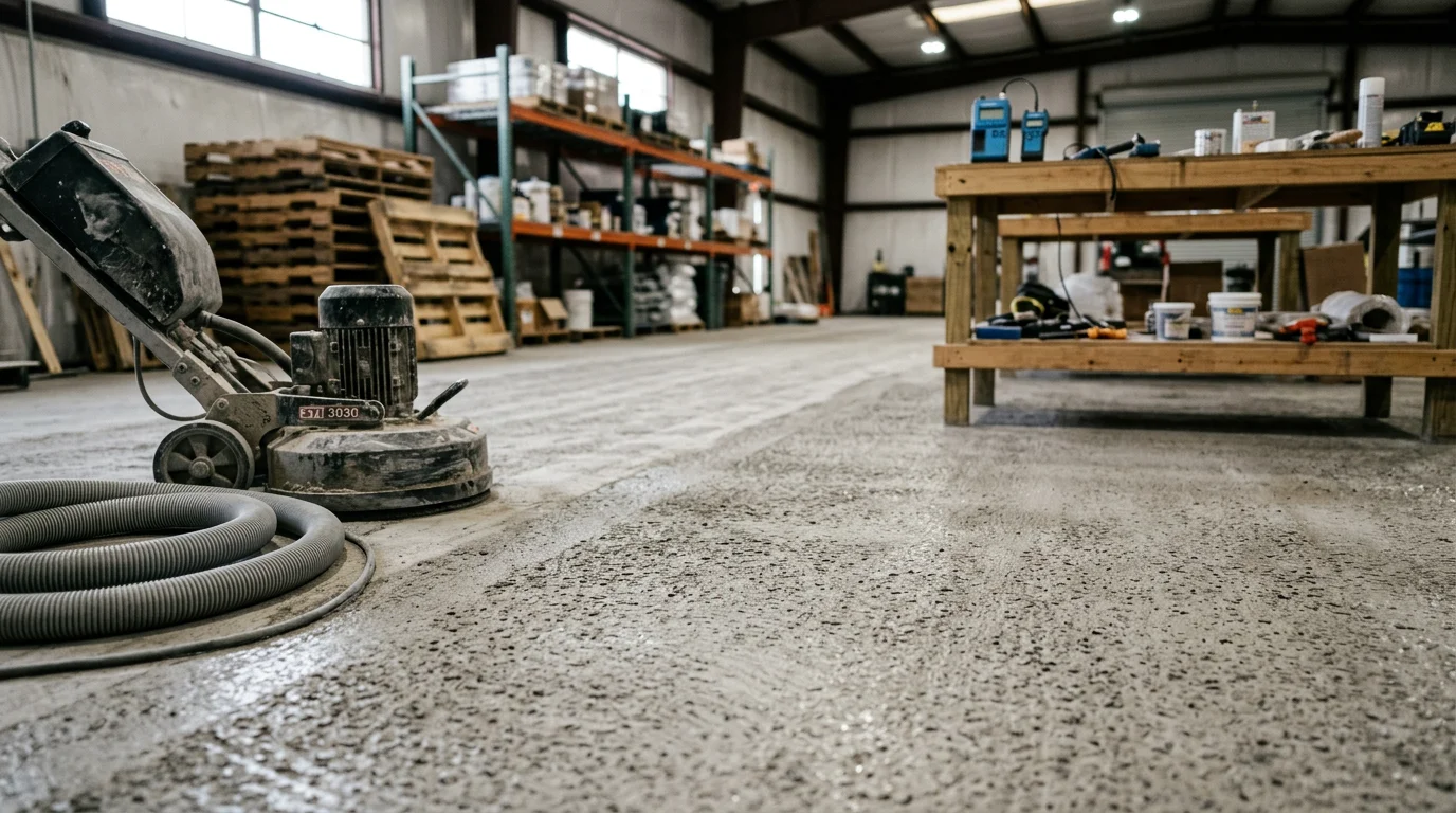 A commercial concrete floor in a Lakeland, FL facility being prepped for coating, with surface profiling work visible across a large open floor area. The slab shows cleaned, contaminant-free concrete ready for a commercial coating application.