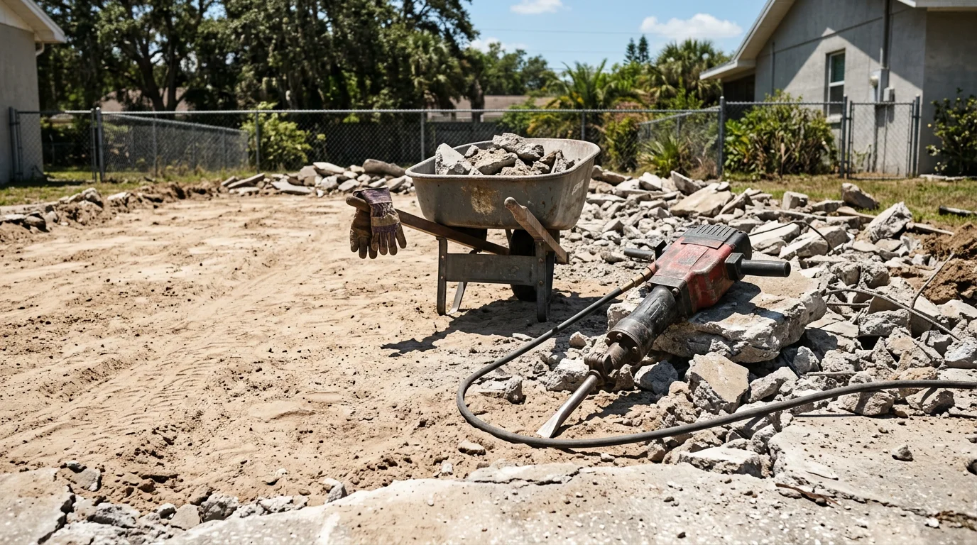 A concrete driveway slab being broken apart and removed at a residential property in Lakeland, FL. Chunks of cracked concrete are stacked near the cleared subgrade, ready for hauling.