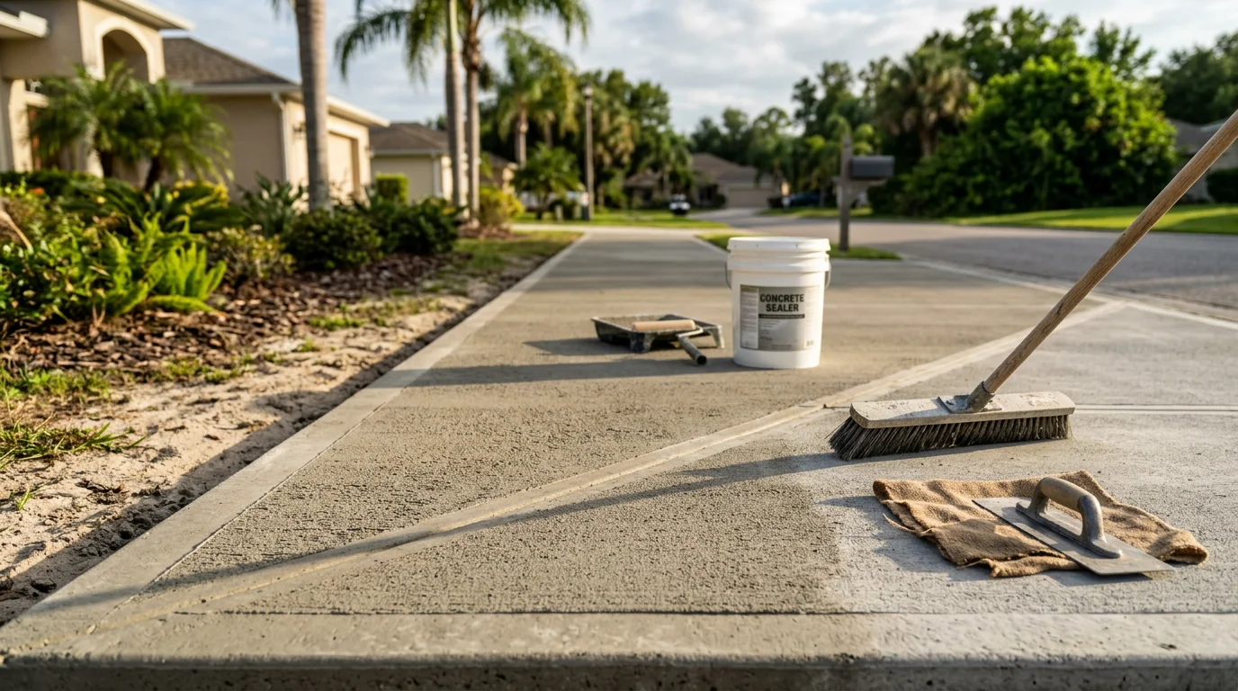 A freshly broom-finished concrete driveway at a residential property in Lakeland, FL, showing clean edge lines and a uniform textured surface. The slab extends toward a single-car garage under a clear Florida sky.