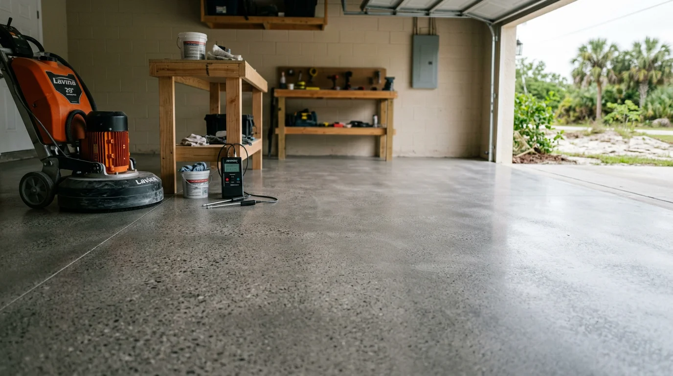 A freshly finished concrete floor inside a Lakeland, FL home, showing a smooth, sealed surface with an even sheen across the full slab. The floor is clean and free of cracks, staining, or surface pitting.