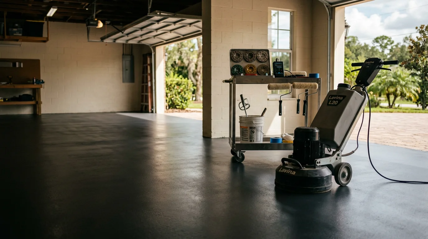 A finished epoxy-coated garage floor in a Lakeland, FL home, showing a smooth, glossy surface free of stains and tire marks. The sealed concrete floor is photographed inside a residential garage with a vehicle parked on it.