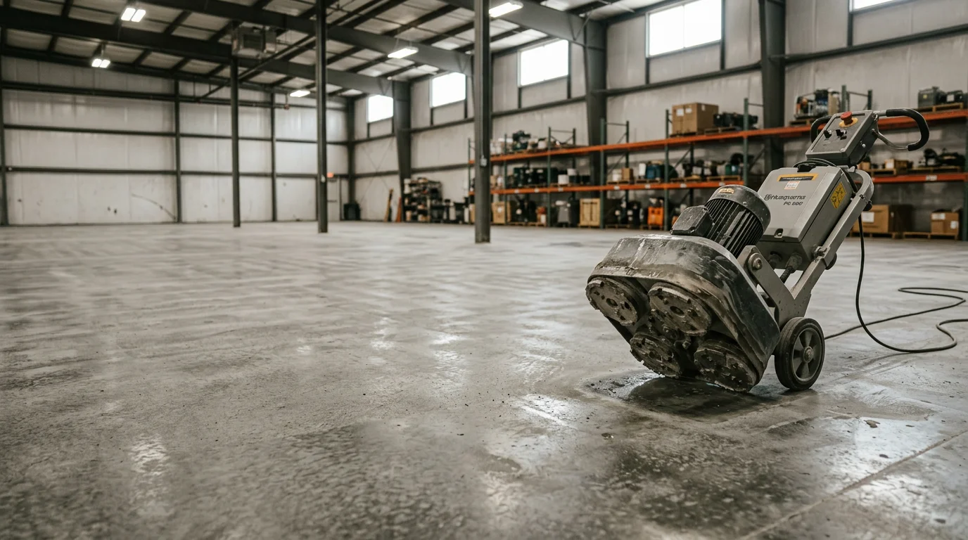 Sealed concrete warehouse floor in Lakeland, FL showing a smooth, clean surface after grind and seal application. Wide industrial bay with consistent matte finish ready for forklift and pallet traffic.