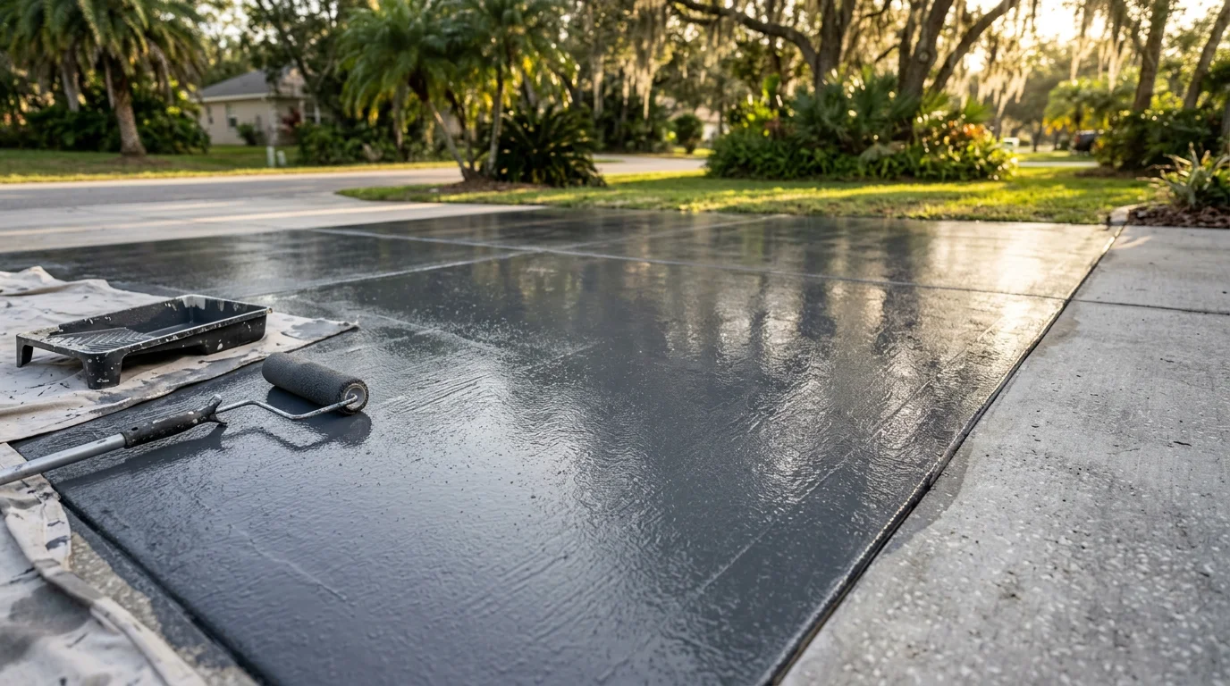 A freshly coated residential concrete patio at a Lakeland, FL home, showing a clean, sealed surface with a uniform finish. The outdoor living area is surrounded by typical Central Florida landscaping under bright sunlight.