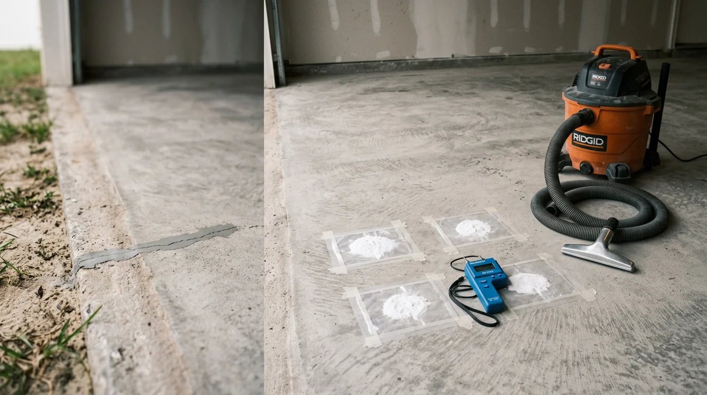 A residential concrete garage floor in Lakeland, FL being prepared for coating, showing a clean, ground slab surface with cracks repaired and old coating removed. A pool deck slab in a Lakeland backyard is visible in the background, also stripped and ready for a new coating application.