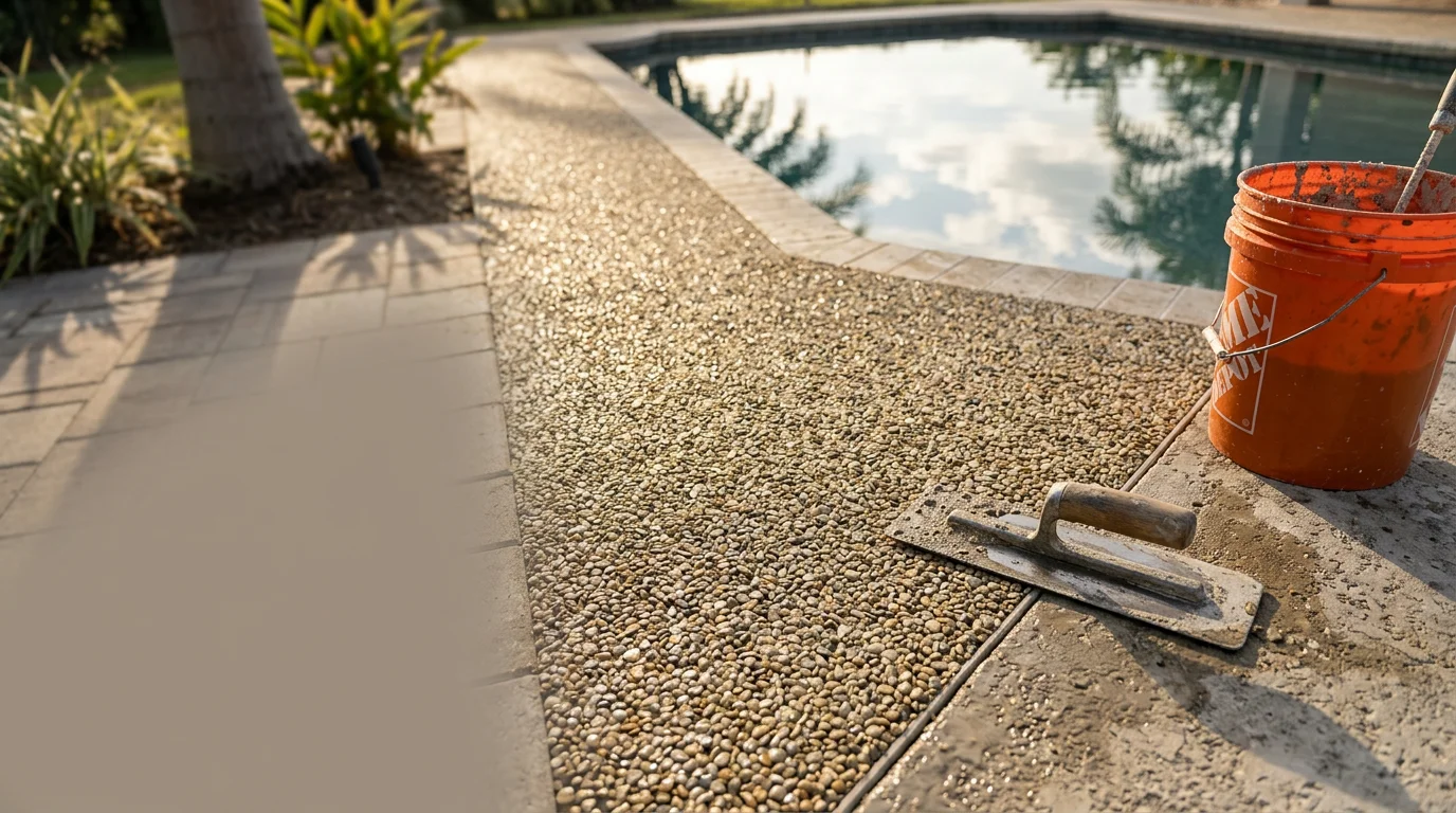 A Lakeland, FL backyard pool deck finished with resin bound natural stone aggregate, showing a seamless textured surface in a warm stone tone surrounding a residential swimming pool. The deck surface is dry and even, with no visible puddles or joints.