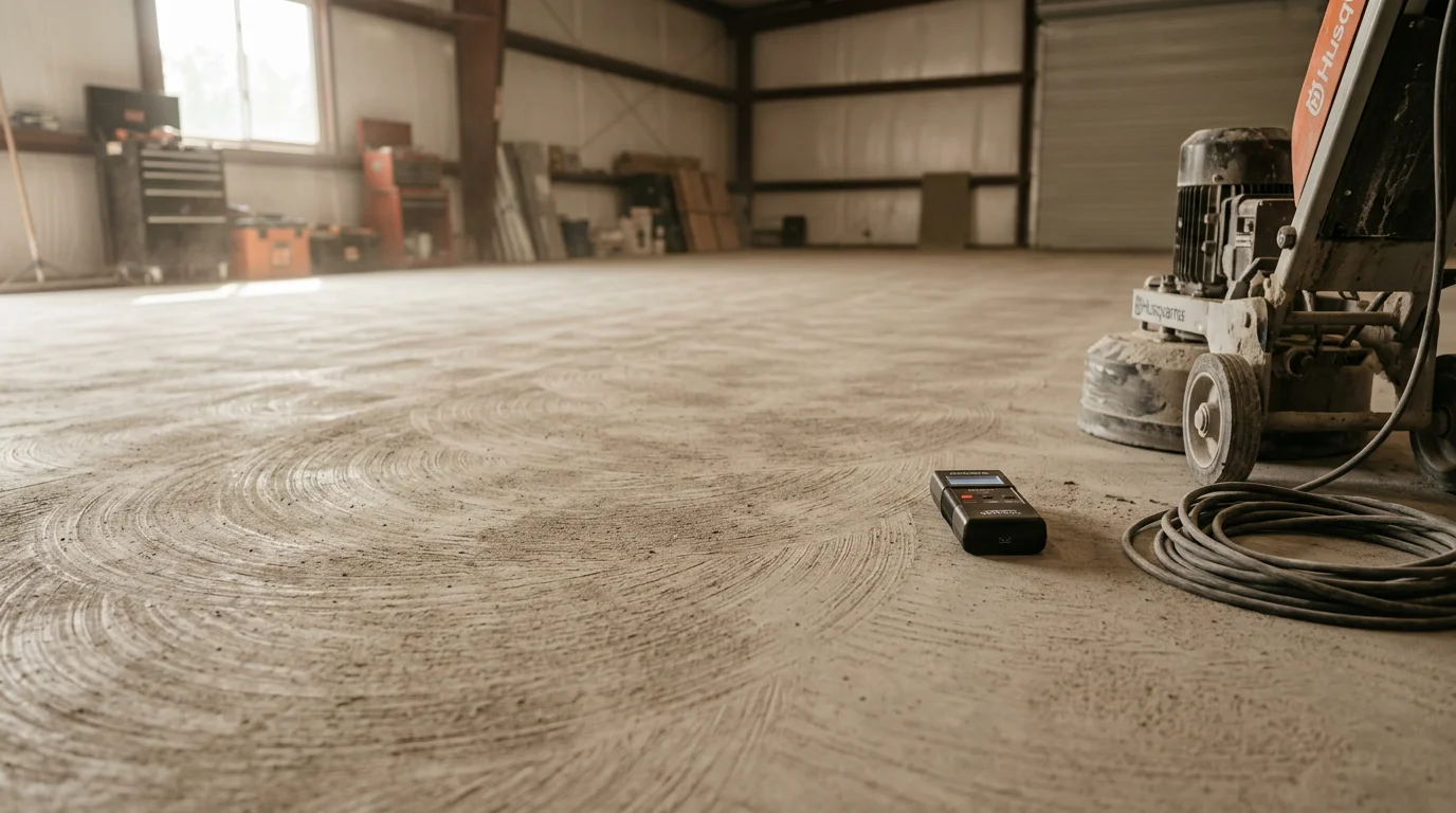 A concrete contractor operating a floor grinder on an interior slab in a Lakeland, FL garage, removing old coating residue to expose clean bare concrete. The ground surface shows a uniform open texture ready for a new coating application.